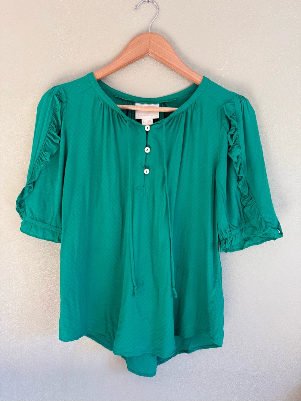 Anthropologie Emerald Green Ruffle-Sleeve Blouse Women’s Size Small